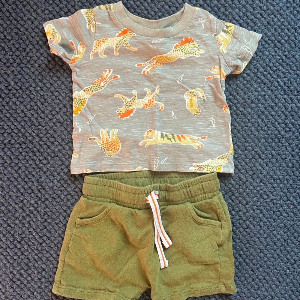 Tucker + Tate Gray and Orange Animal Print Tee and Green Shorts